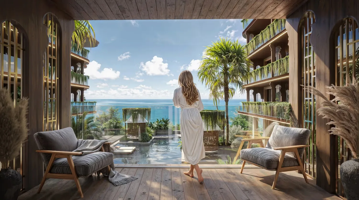 Guest terrace with ocean panorama at Amani Melasti